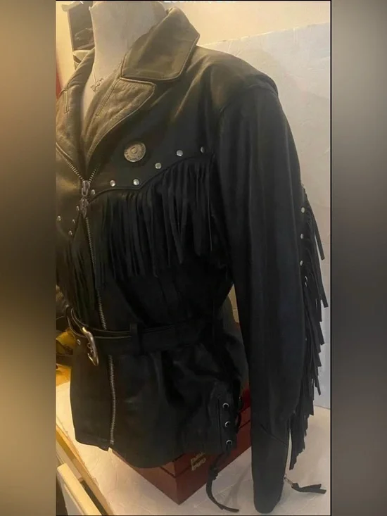 Harley Davidson Ladies Medium Stud Fringed Laced Leather Jacket - Picture 3 of 4